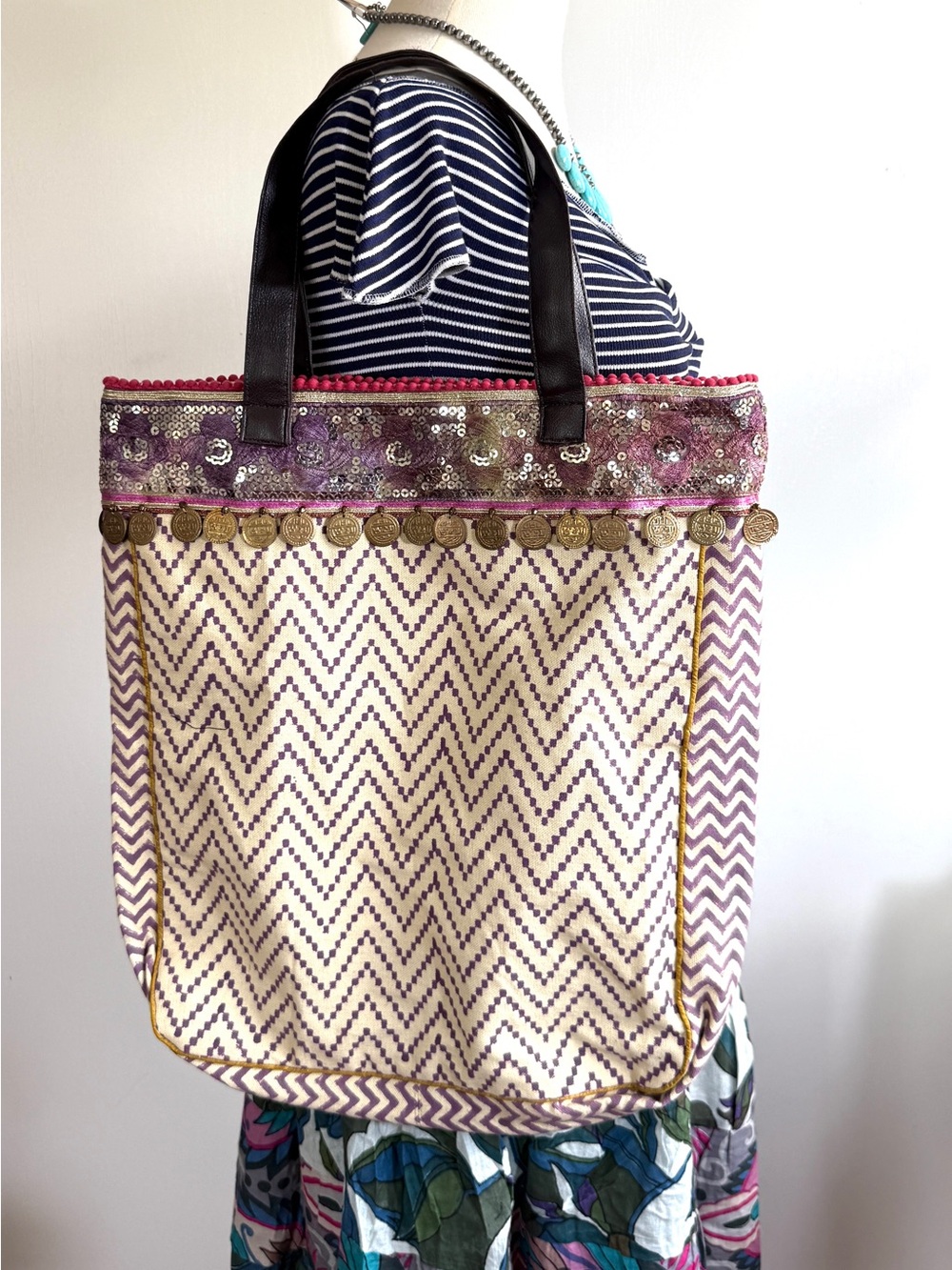 Sequin Coin Accent Chevron Tote Bag - Purple & Cream